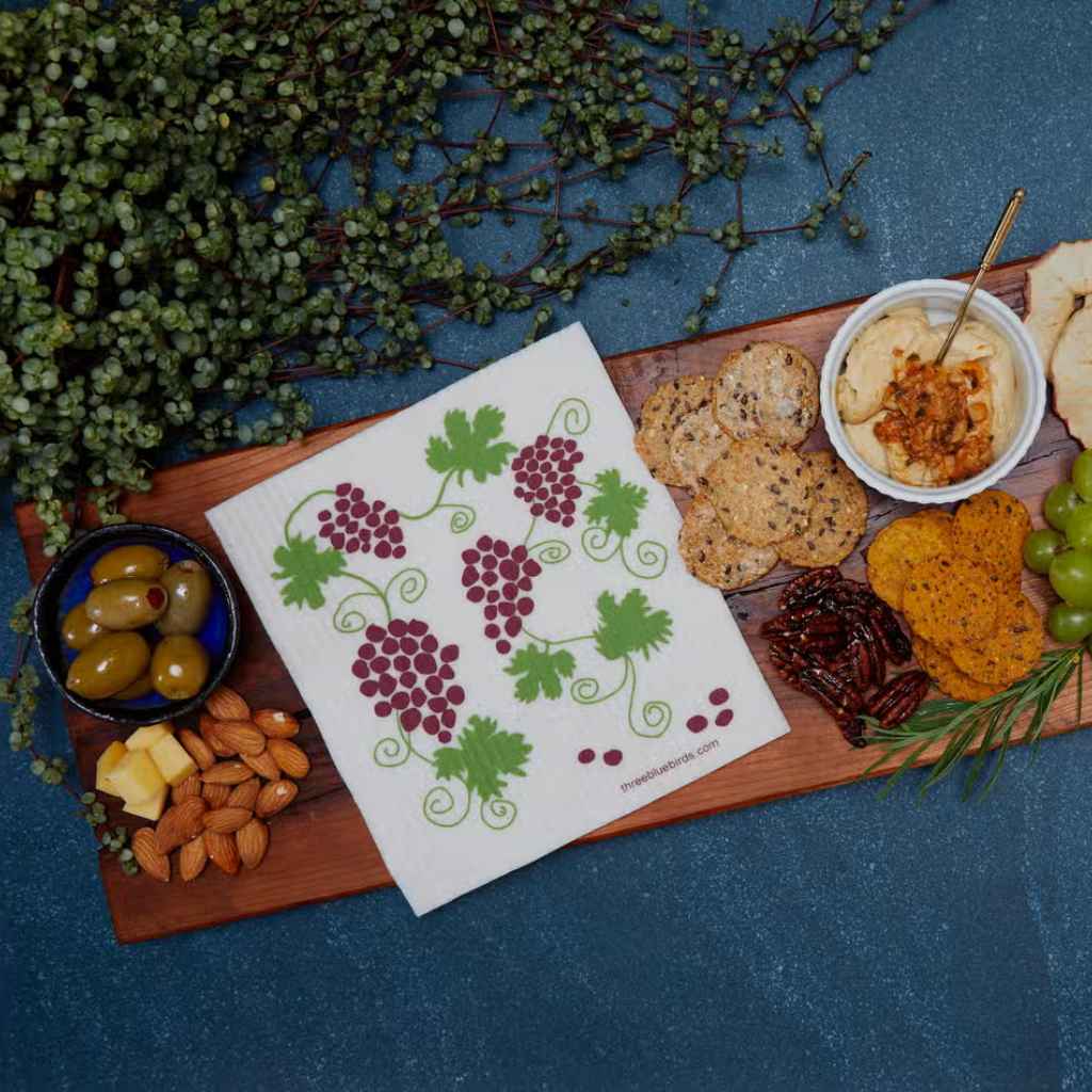 White Swedish Dishcloth with Grape Bunches and Vines Pattern Eco-Friendly