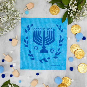 Blue Swedish Dishcloth with Hanukkah design