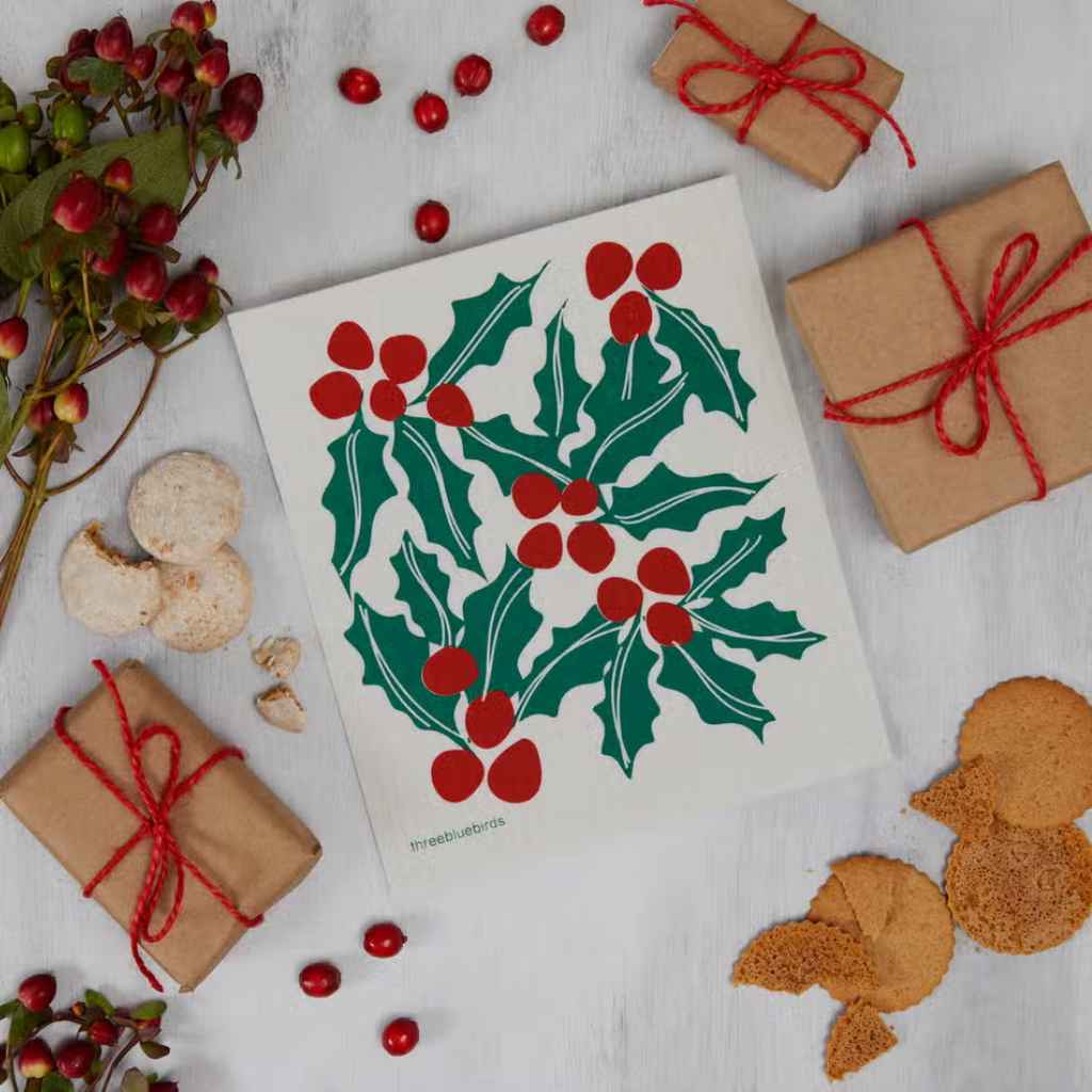 White Swedish Dishcloth with Red and Green Holly Pattern Front Side Eco-Friendly