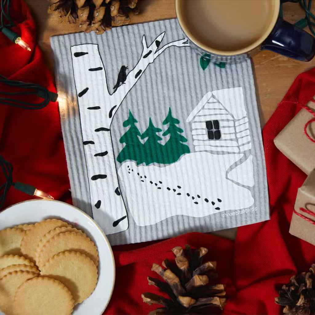 Grey Swedish Dishcloth with white snowy woods and cabin scene Front Side Eco-Friendly