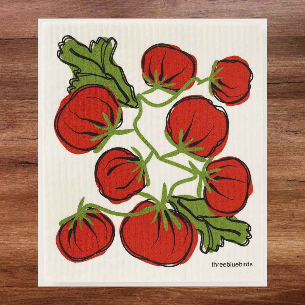 White Swedish Dishcloth with Tomatoes Pattern Eco-Friendly