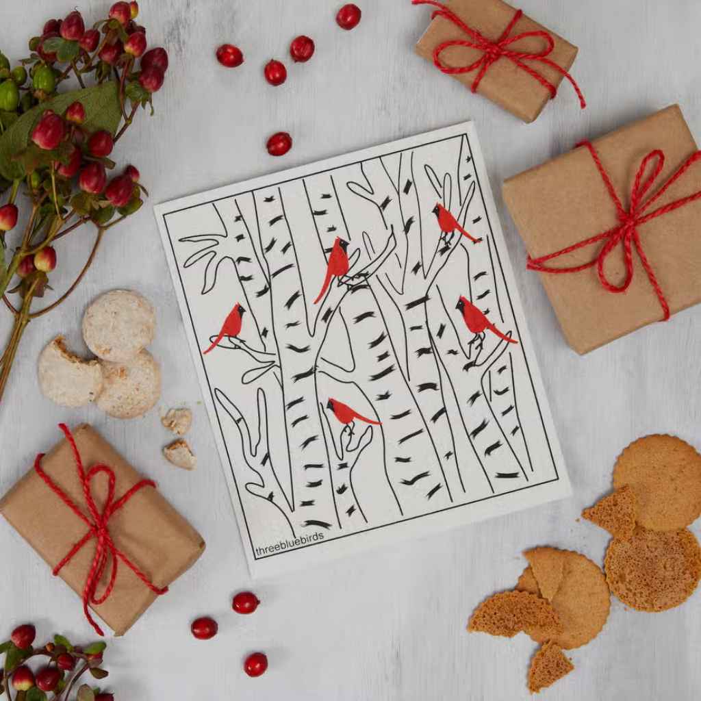 White Swedish Dishcloth with Red Cardinals in Birch Trees Pattern Front Side Eco-Friendly