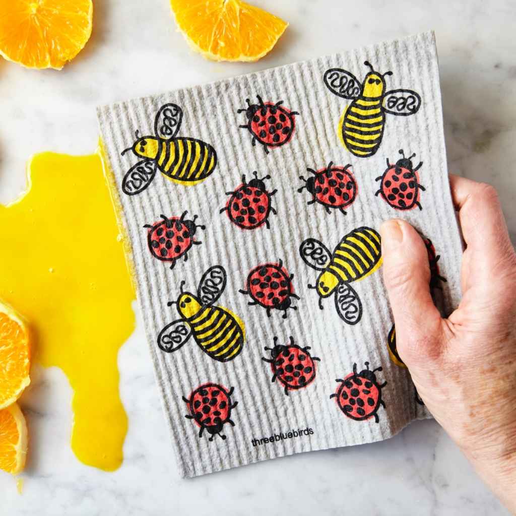 Grey Swedish Dishcloth Bees and Bugs Pattern Front Side Eco-Friendly