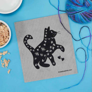 Grey Swedish Dishcloth with Black Cat Pattern Eco-Friendly