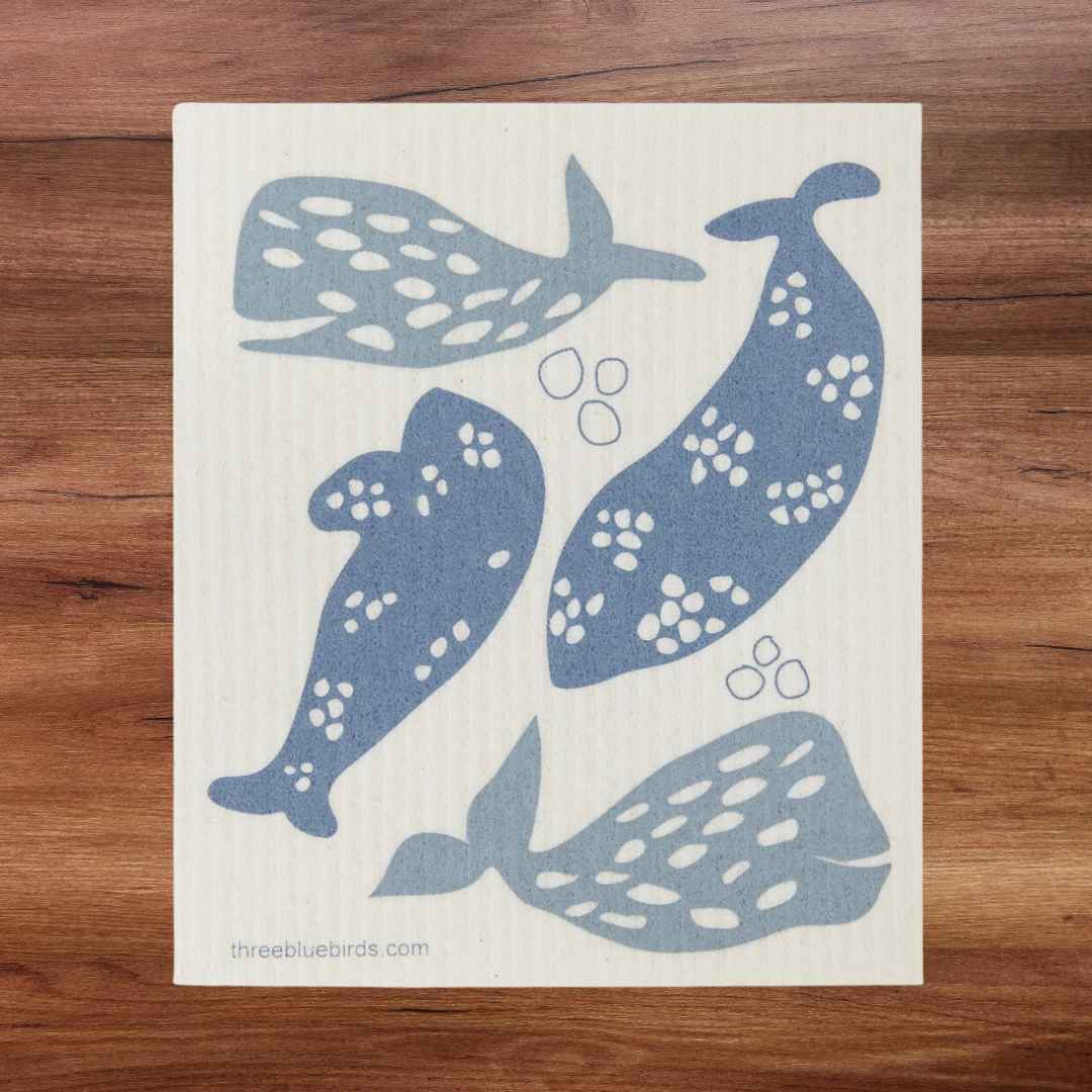 Three Bluebirds Swedish Dishcloth — Whales