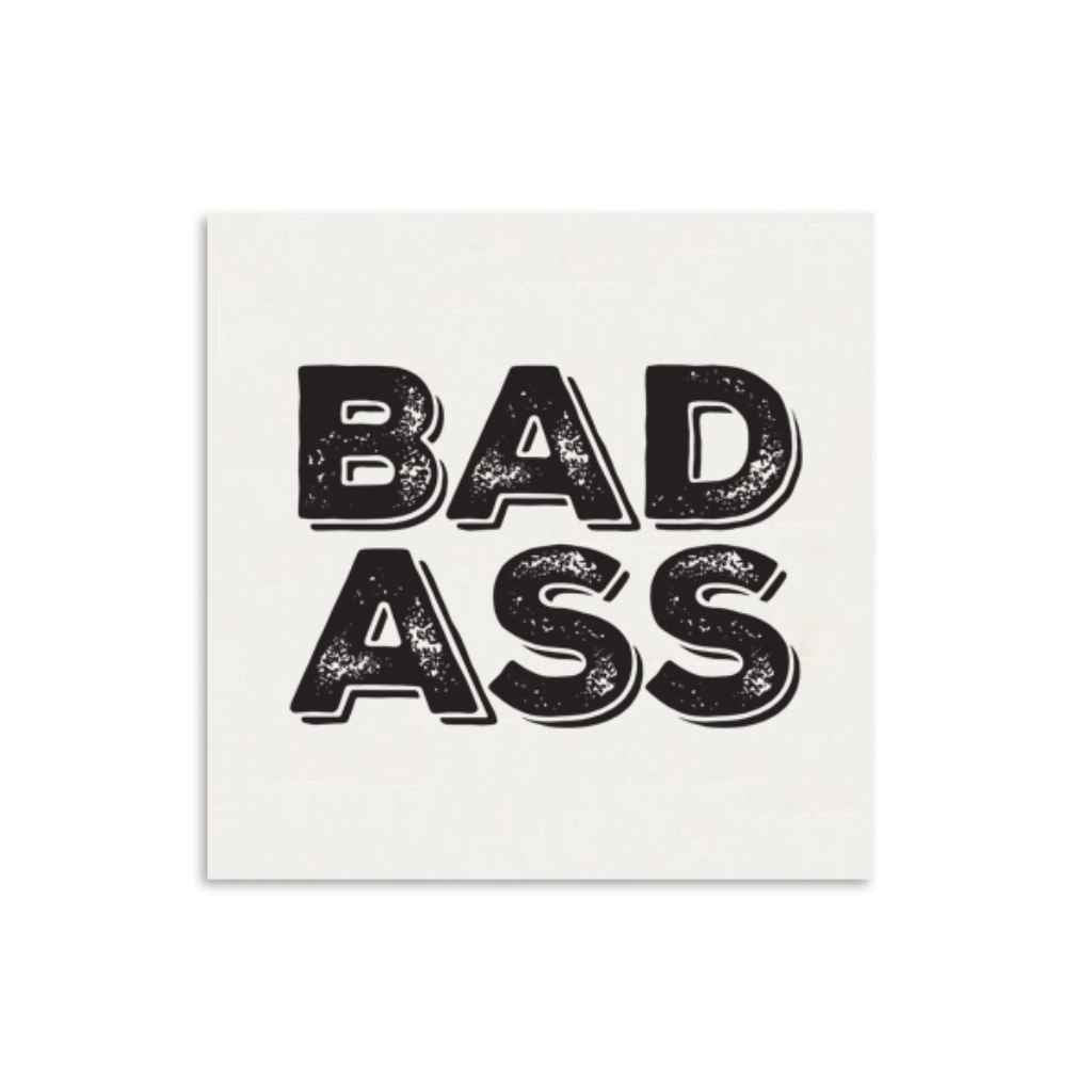 White notecard with black lettering &quot;BADASS&quot; - mini card, 3x3 inches square. 