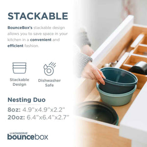 set of two silicone food storage containers with tops that are stackable and space-saving