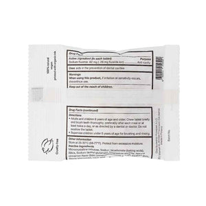 unpaste zero waste fluoride tooth tabs, alternative toothpaste. Cinnamon. 125 tablets, back of package with ingredients