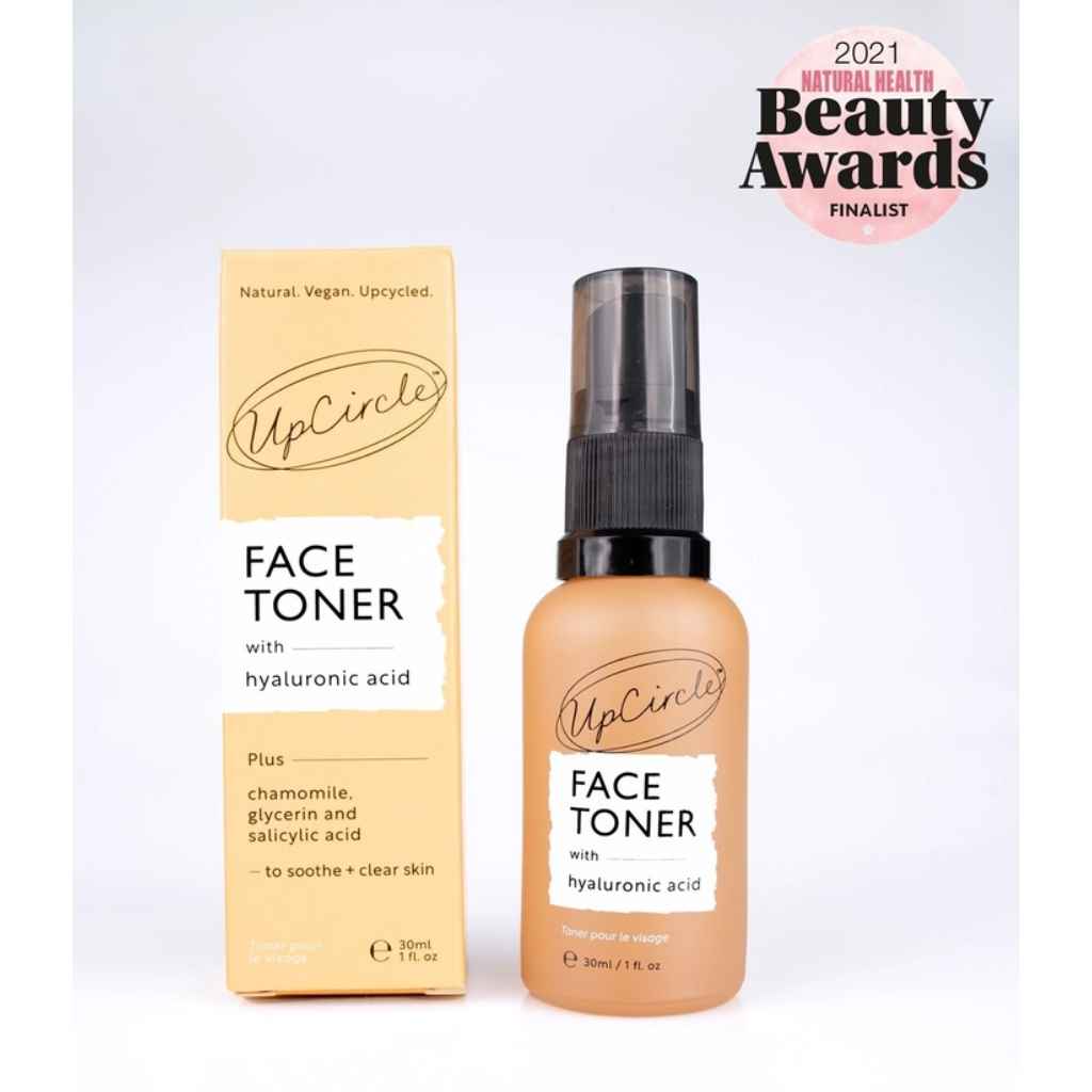UpCircle Face Toner in travel size glass spray bottle, shown with box and award symbol