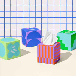 a collection of 4 multicolored boxes of forest-friendly bamboo facial tissues