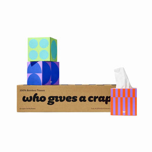 3 boxes of Who Gives a Crap 100% bamboo tissues, in multiple colors and designs