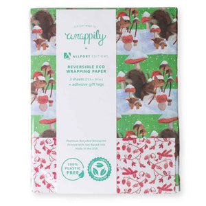 Wrappily plastic-free, recycled & recyclable eco wrapping paper - holiday squirrel snow scene with winter mushrooms. Double-sided wrapping paper.Made in USA.