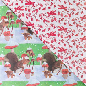 Wrappily plastic-free, recycled & recyclable eco wrapping paper - holiday squirrel snow scene with winter mushrooms. Double-sided wrapping paper.Made in USA.