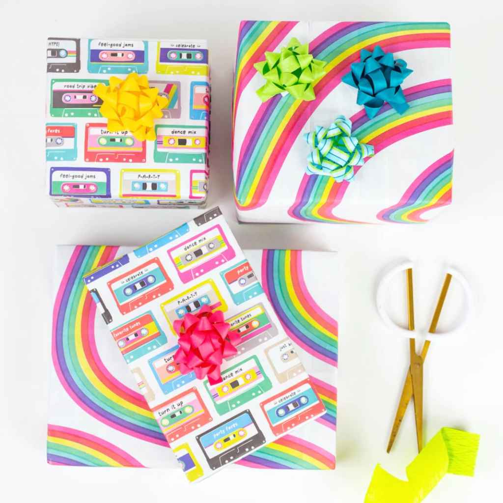 Wrappily Eco Wrapping Paper - recycled, recyclable, reversible. Made in USA. Colorful cassette tapes &amp; rainbows designs.
