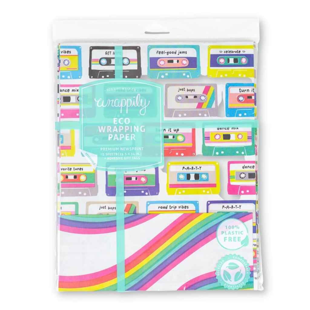 Wrappily Eco Wrapping Paper - recycled, recyclable, reversible. Made in USA. Colorful cassette tapes & rainbows designs.