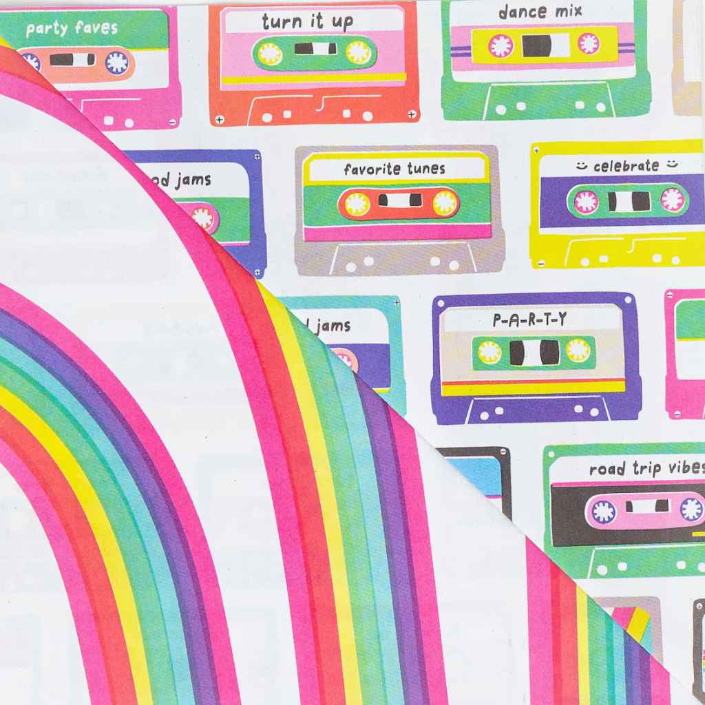 Wrappily Eco Wrapping Paper - recycled, recyclable, reversible. Made in USA. Colorful cassette tapes & rainbows designs.