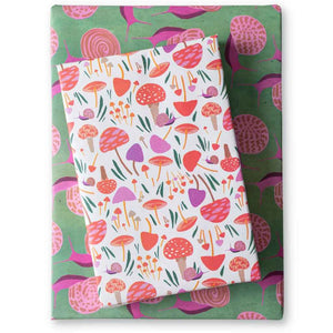 Eco Wrapping Paper by Wrappily - recycled, sustainable gift wrap. Pink and green snails & mushrooms print.