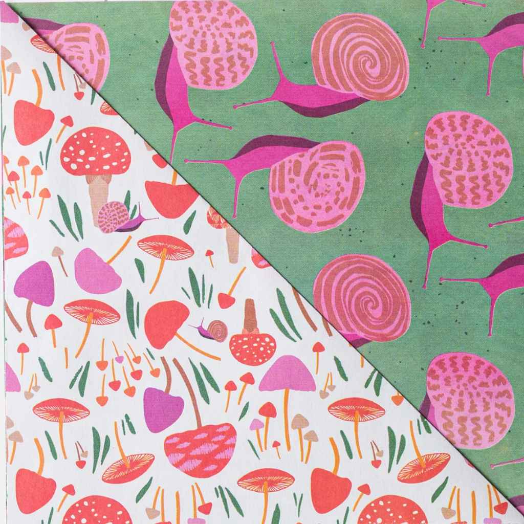 Eco Wrapping Paper by Wrappily - recycled, sustainable gift wrap. Pink and green snails &amp; mushrooms print.
