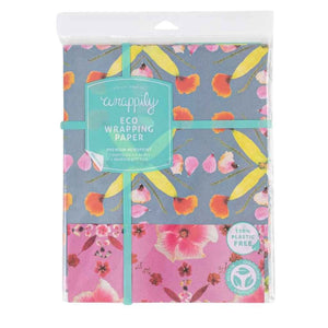 Eco Wrapping Paper by Wrappily - Pink Hibiscus reversible & recyclable gift wrap. Pink with flower petals blue with yellow and orange petals. Made in USA.