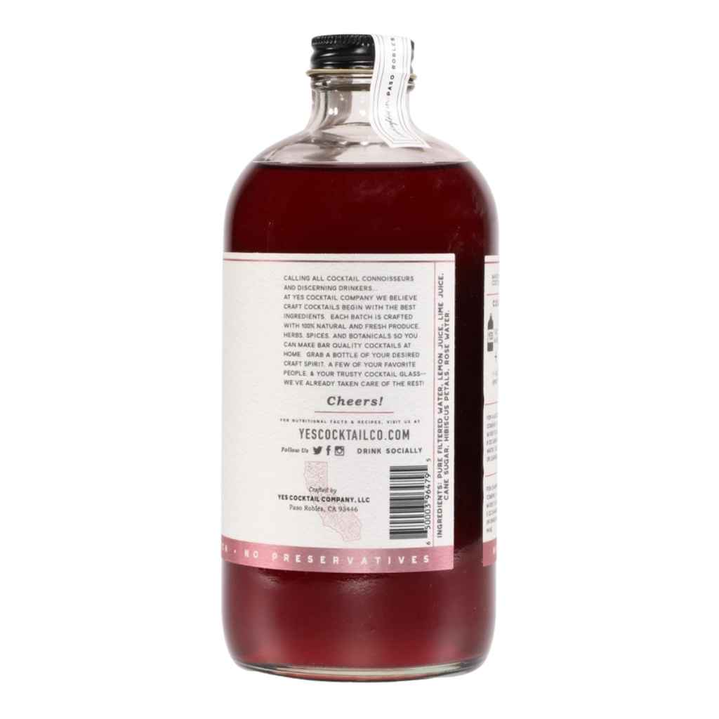 Glass bottle of Hibiscus Rose Cocktail Mixer by Yes Cocktail Co. all natural, small batch, handcrafted.