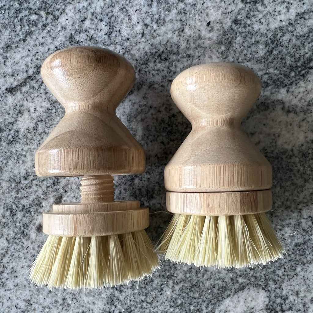 Bamboo Ergonomic Dish Brush Pot Scrubber with Sisal fiber bristles, shown with replaceable brush head removed