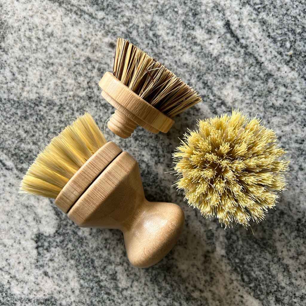 Bamboo Ergonomic Dish Brush Pot Scrubber with Sisal fiber bristles, shown with optional replacement Palm Fiber bristle brush head