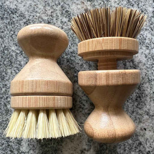 Bamboo Ergonomic Dish Brush Pot Scrubber with Sisal fiber bristles, shown with optional replacement Palm Fiber bristle brush head
