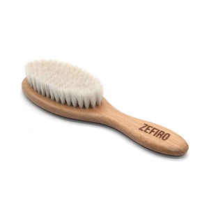 natural wood baby hair brush with soft light goat hair bristles made by Zefiro