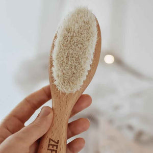 natural wood baby hair brush with soft light goat hair bristles made by Zefiro