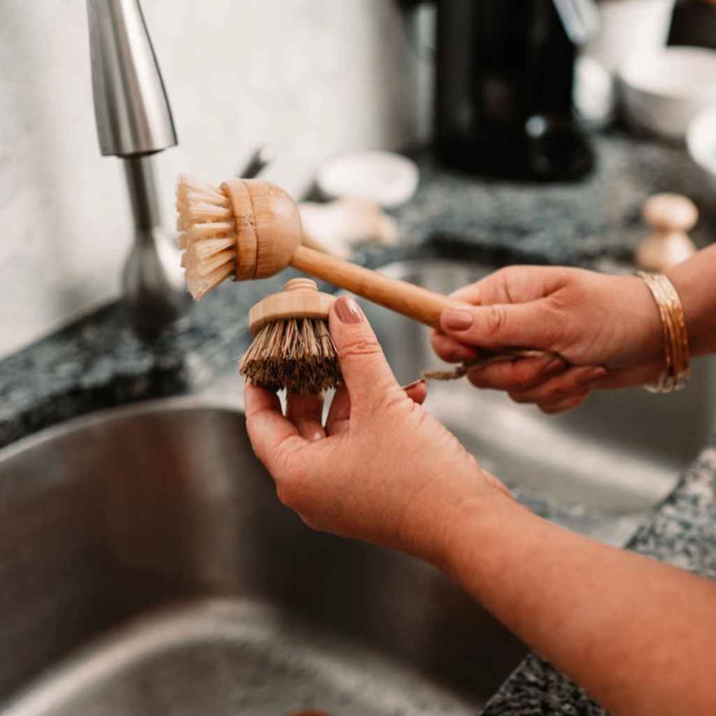 long handled dish brush shown with optional replacement brush head with palm fibers