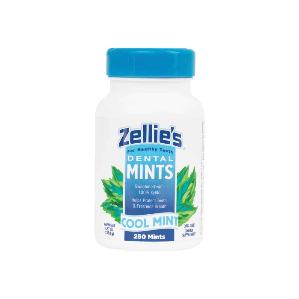 white bottle with blue cap of Zellie&#39;s Dental Mints sweetened with 100% Xylitol- COOL MINT flavor, 250 count