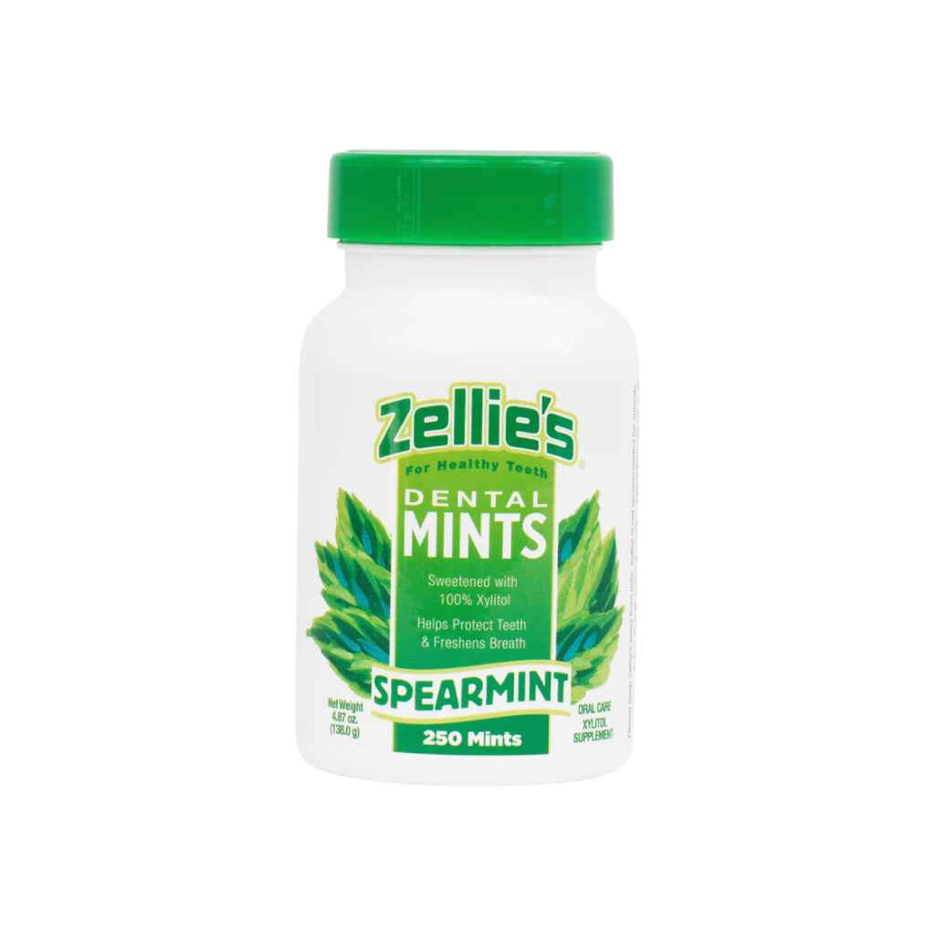 white bottle with green cap of Zellie&#39;s Dental Mints in Spearmint. 250ct