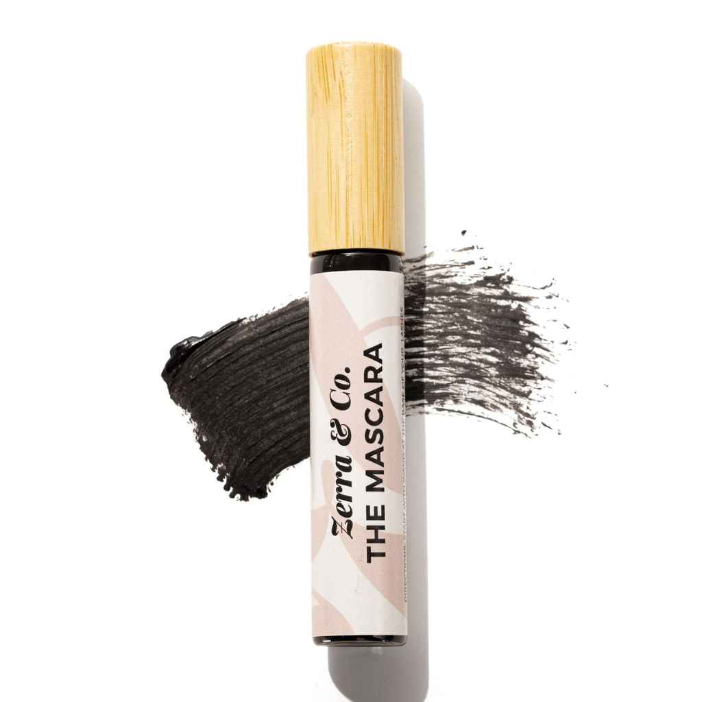 swatch of The Mascara by Zerra & Co. | Black and glass container with bamboo top and wand