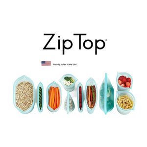 Zip Top 100% Platinum Silicone Reusable Food Storage Containers, in Teal color. Made in USA. Plastic-free containers.