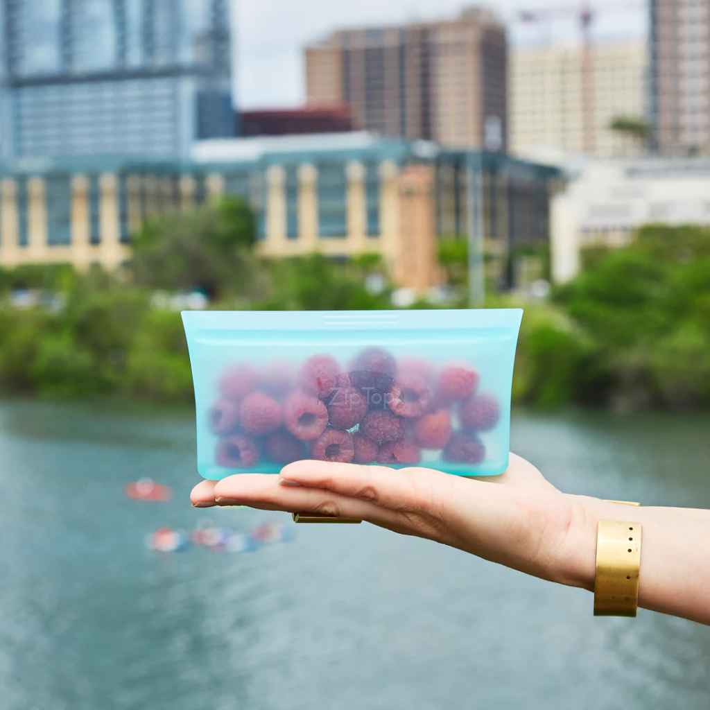 Zip Top 100% Platinum Silicone Reusable snack bag in Teal. Made in USA.