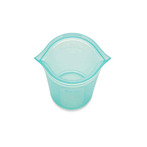 Zip Top 100% Platinum Silicone Reusable Cups, Teal color. A top view of unzipped cup, open.