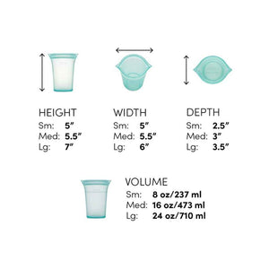 Zip Top 100% Platinum Silicone Reusable Cups, available in three sizes, in Teal color. A diagram of all the dimensions of each size, SM, MED, LG
