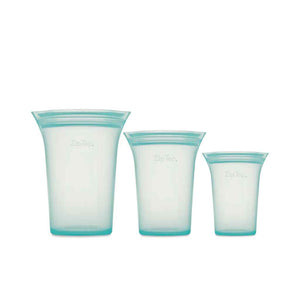 Zip Top 100% Platinum Silicone Reusable Cups, available in three sizes, in Teal color.