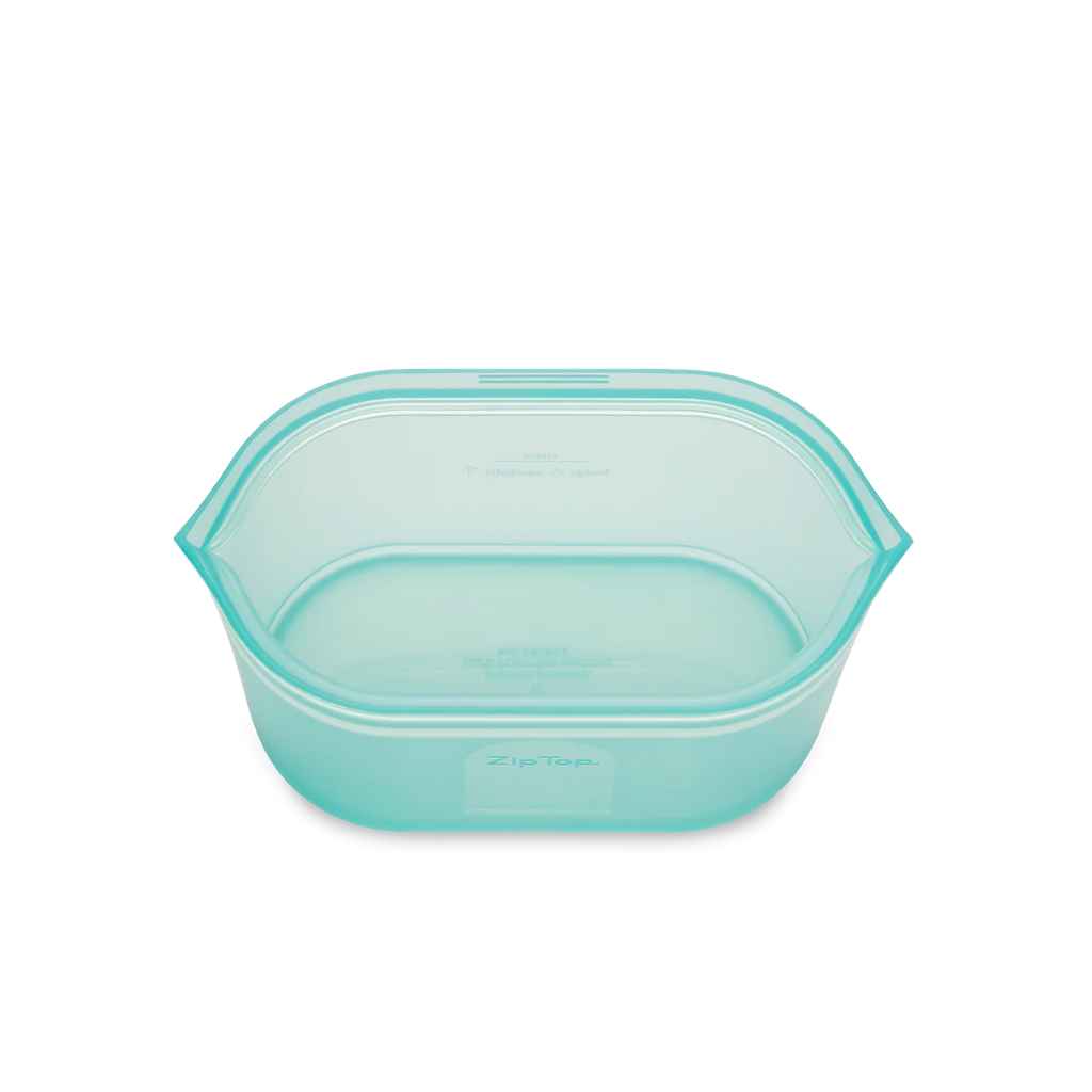 Zip Top 100% Platinum Silicone Reusable Containers, a top view of one of the larger sizes, in teal. Made in USA