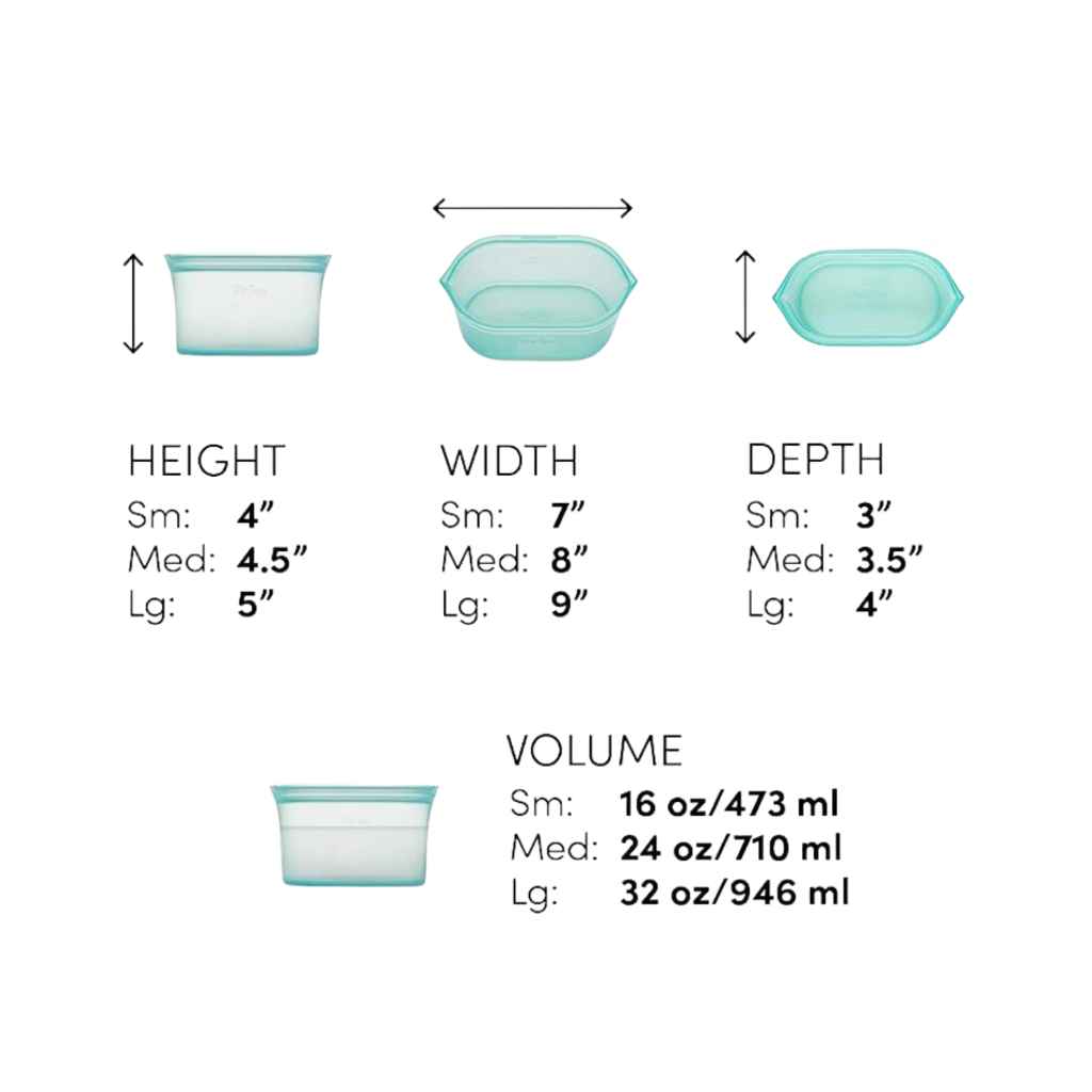 Zip Top 100% Platinum Silicone Reusable Food Storage Dishes, available in three sizes, in Teal color. Diagram of dimensions of each size.