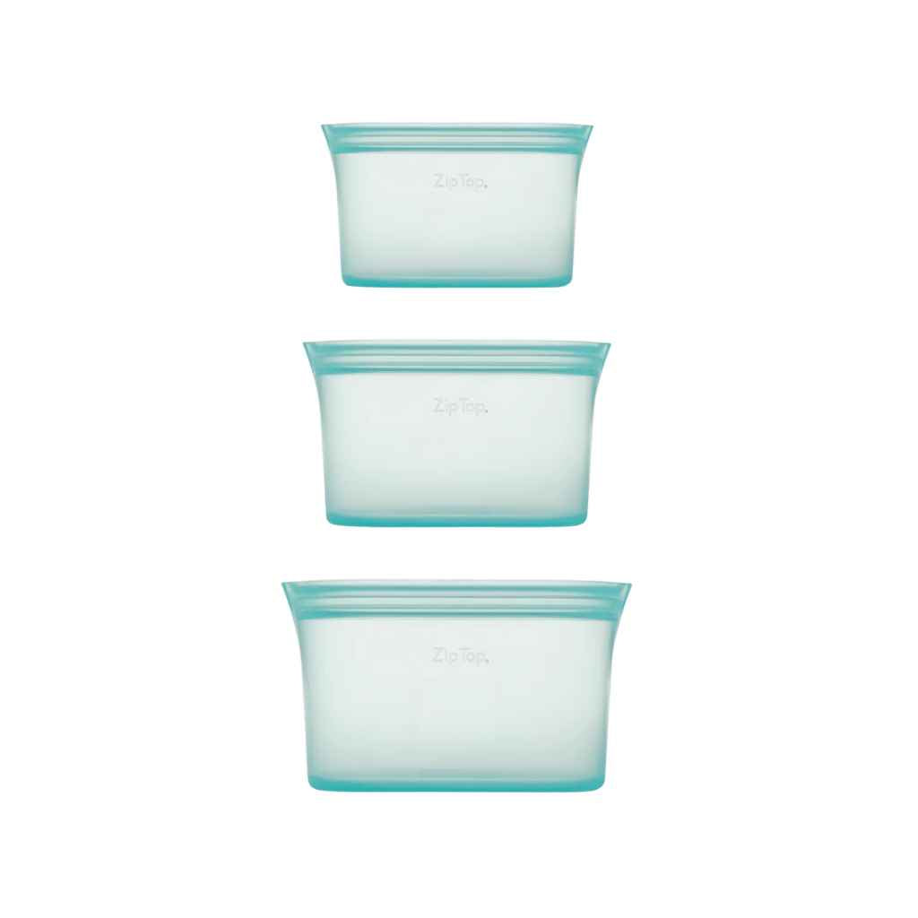 Zip Top 100% Platinum Silicone Reusable Food Storage Dishes, available in three sizes, in Teal color.