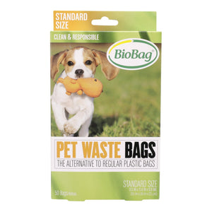 pet waste bags packaging, green cardboard with bio bag logo and dog playing with toy