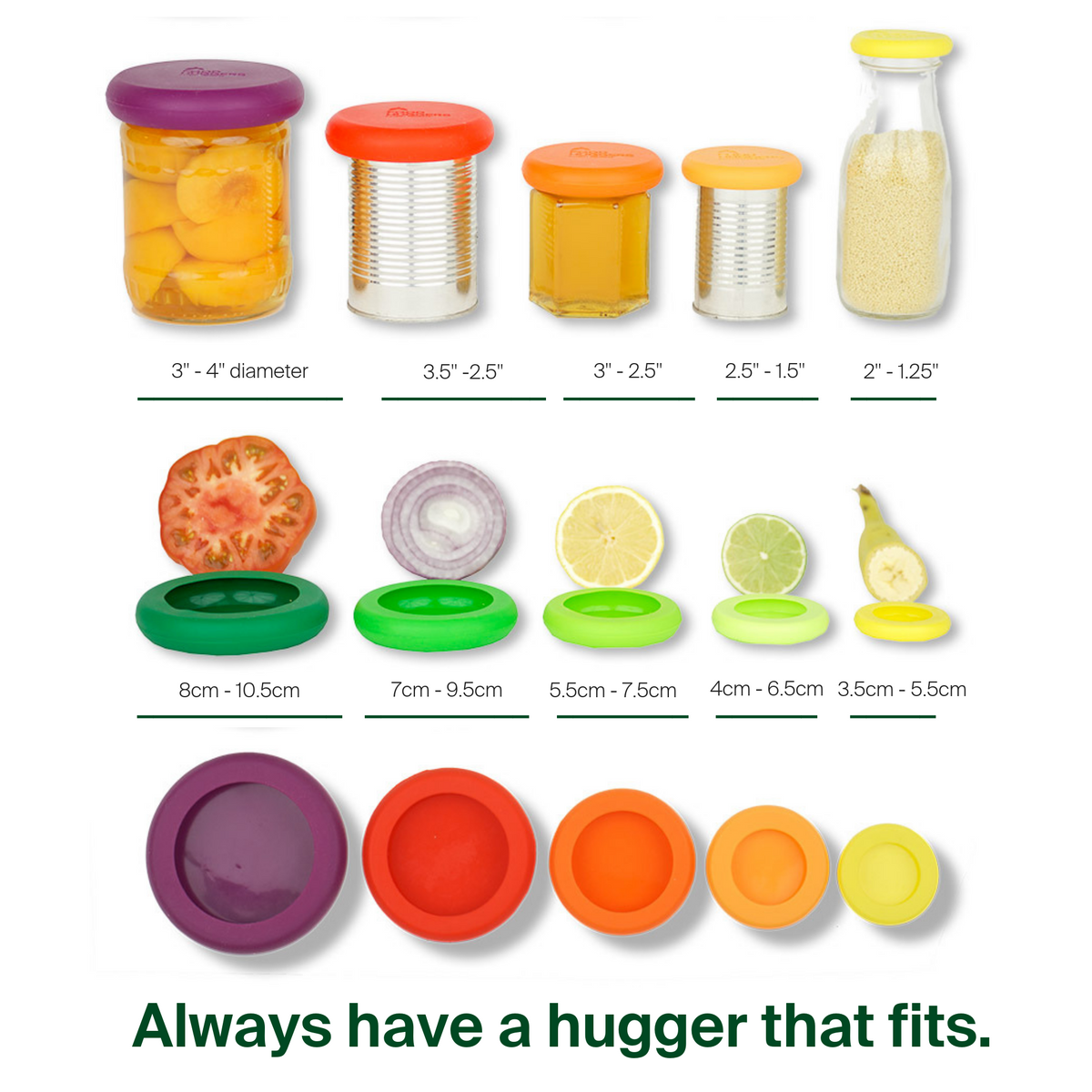 graphic "always have a hugger that fits" showing which fruits and veggies to use with various sized savers.