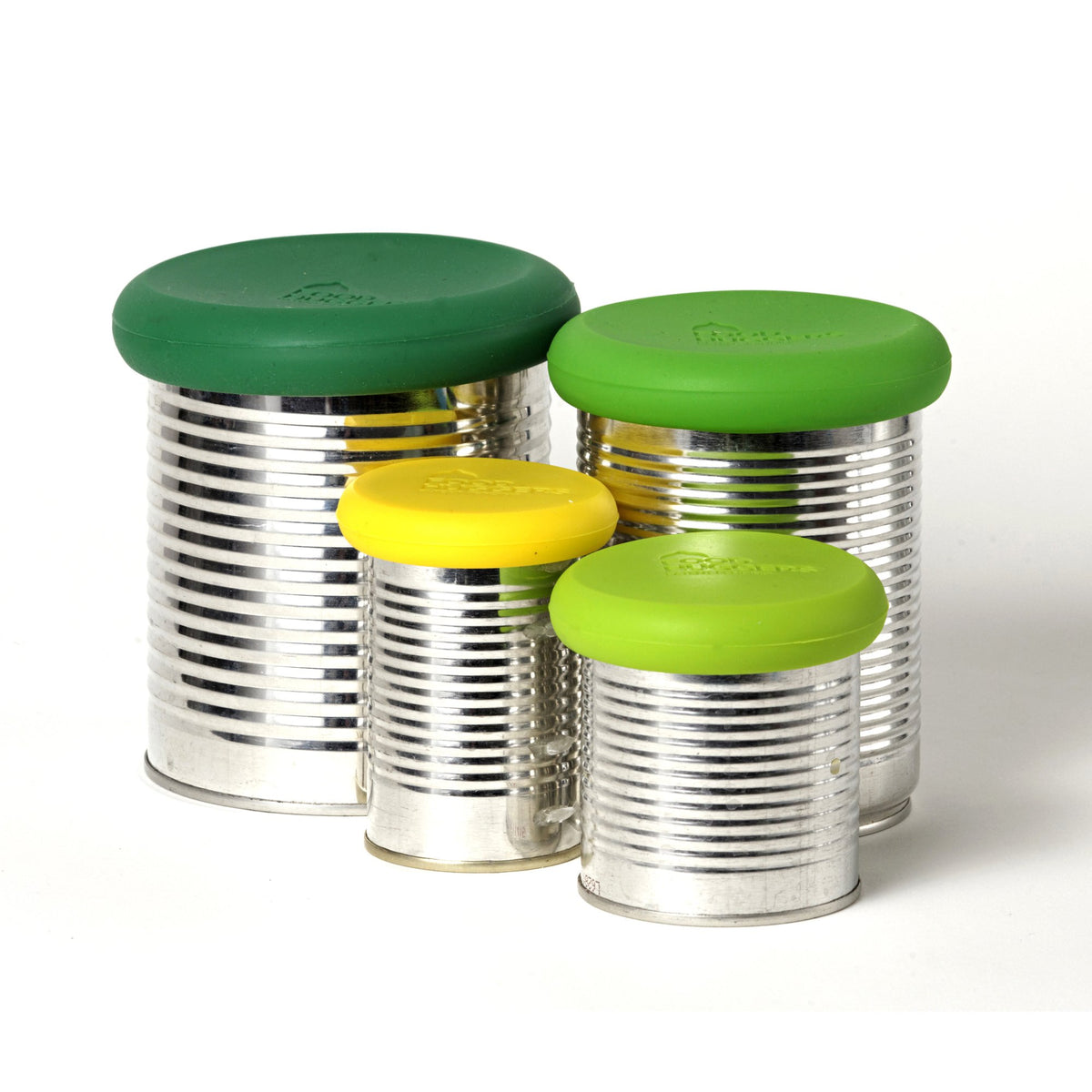 four different sized aluminum cans with food savers attached to tops as lids