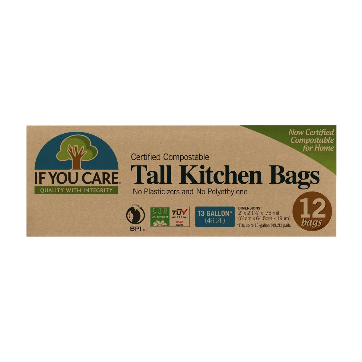 Certified compostable tall kitchen trash bags from If You Care. 12 count Eco Friendly garbage bags.
