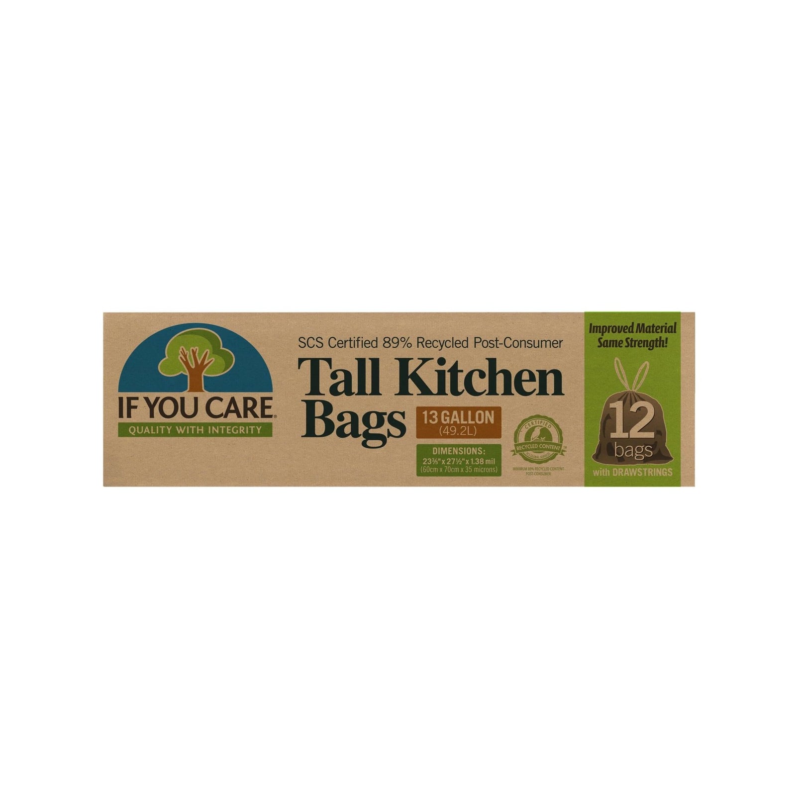 tall 13 gallon trash bags in package, 12 bags per package