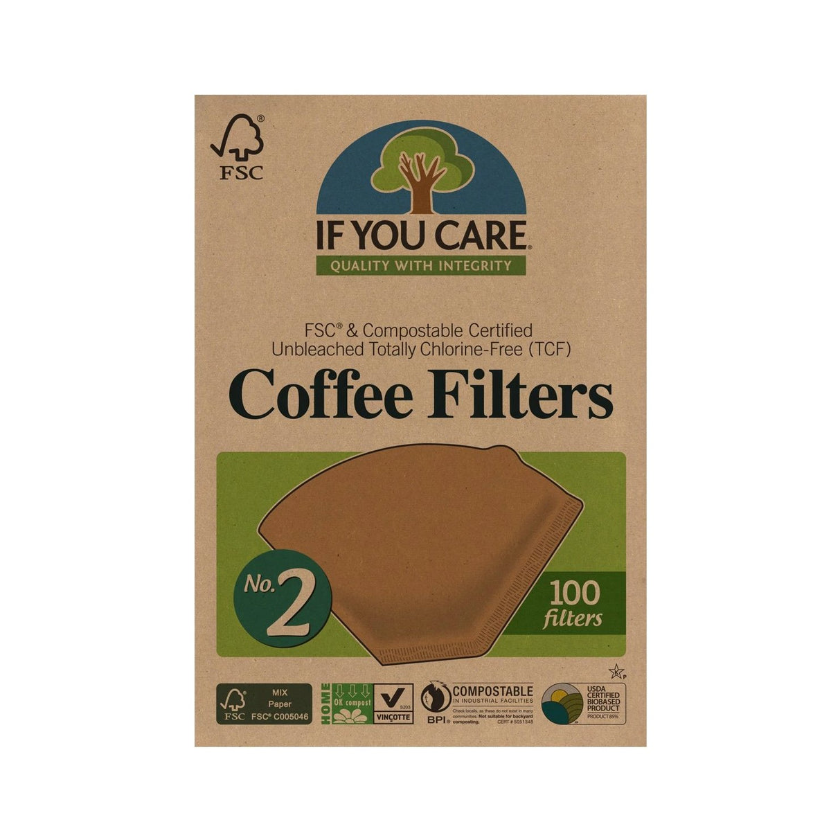 If You Care® FSC® &amp; Compostable Certified. Unbleached. Totally Chlorine-Free (TCF). No. 2 coffee filters in package. 100 filters per package