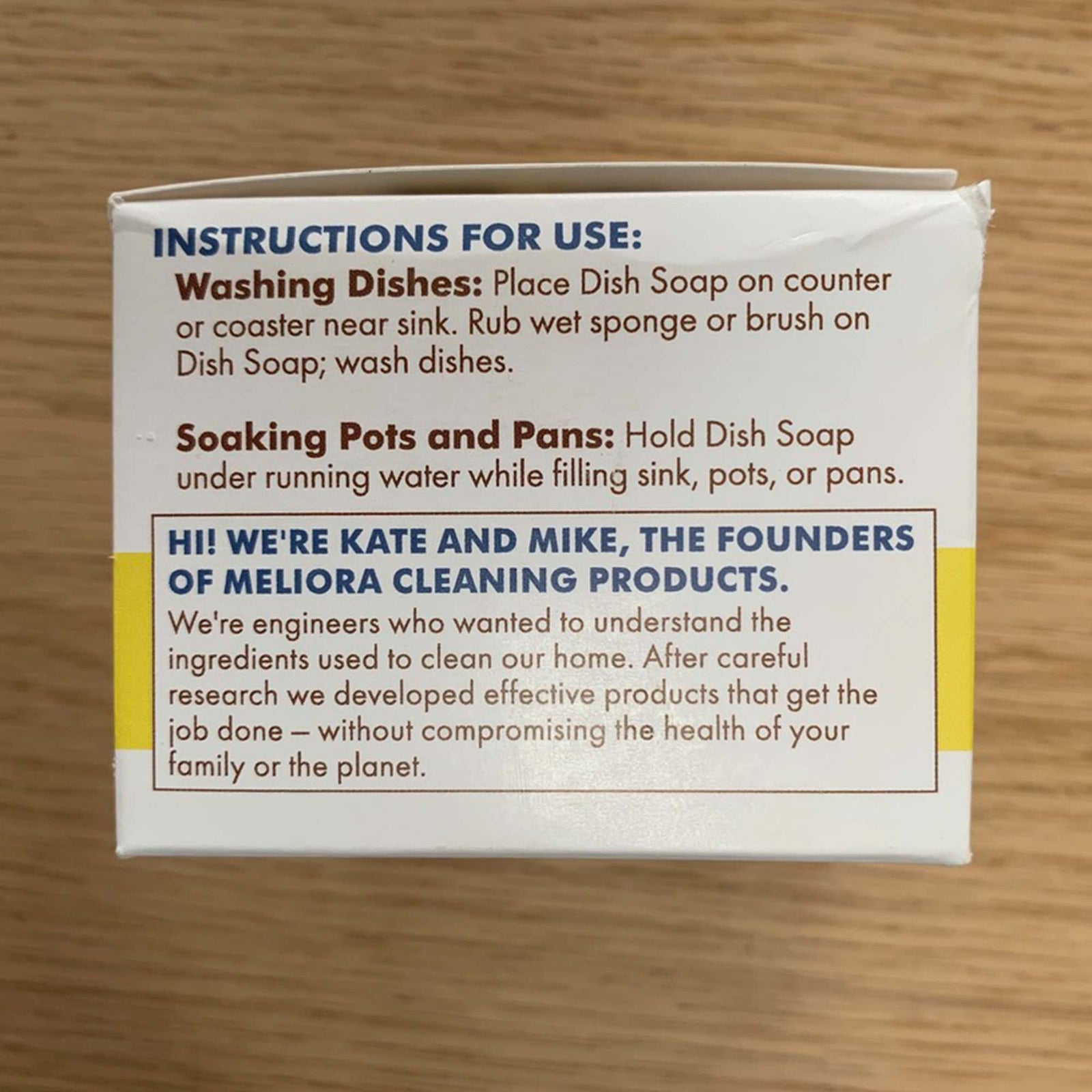 meliora lemon dish soap package with instructions and message from founders