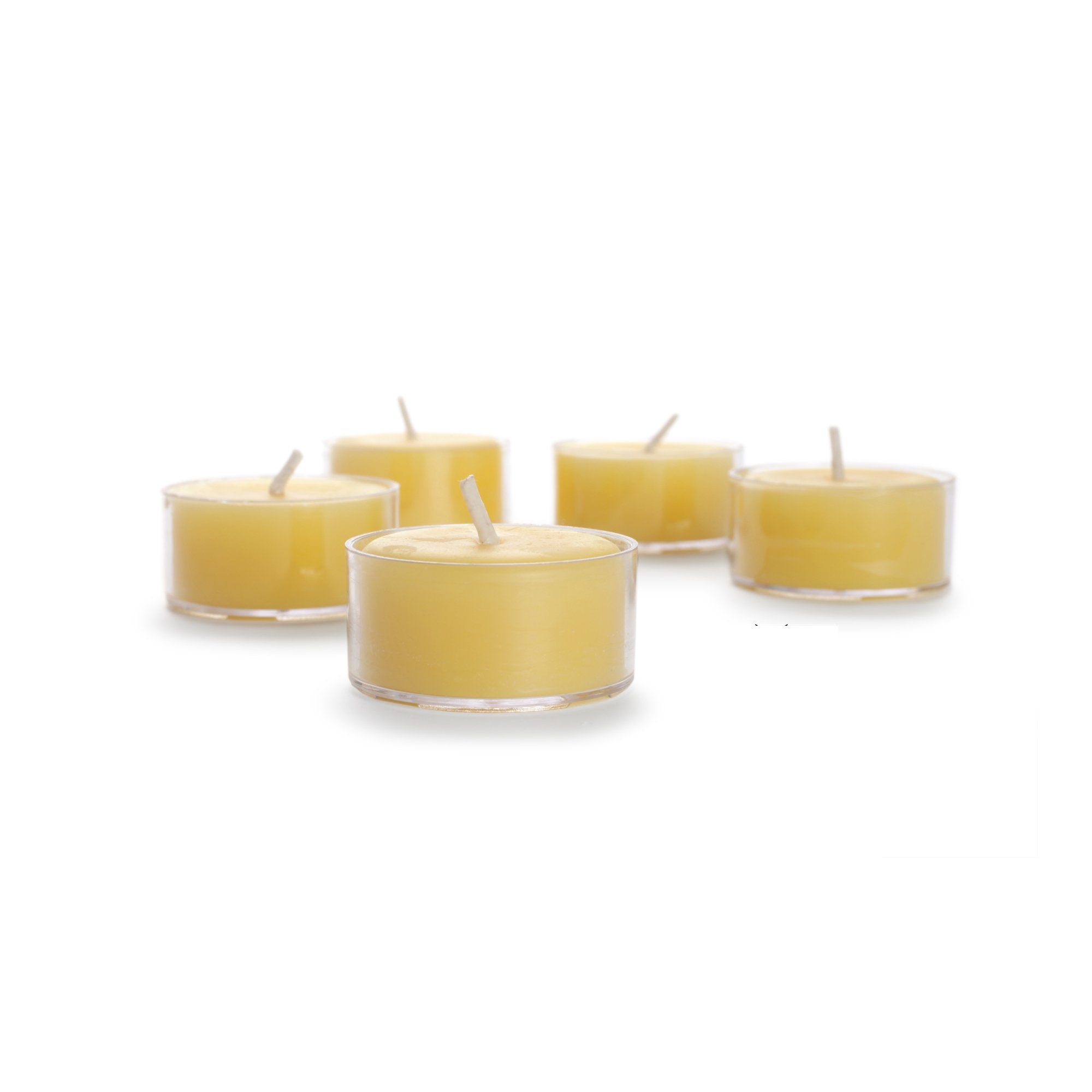 Set of 5 glass tea lights.  naturally colored and aromatic, infused with the sweet, subtle scent of honey. 