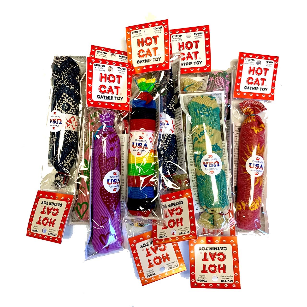 Colorful Sausage shaped toys filled with catnip, packaged in clear cellophane with cardboard tag.